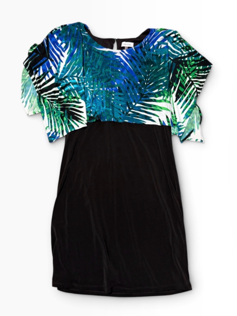 Calvin Klein Black Midi Dress with Blue & Green Tropical Bodice